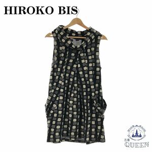 ☆美品☆ HIROKO BIS ヒロコビス ワンピース ノースリーブ 袖なし ひざ丈 総柄 9 コットン 901-846 送料無料