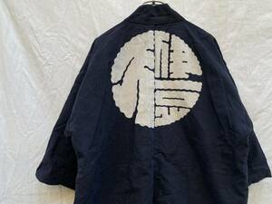 珍品 印半纏 藍染 INDIGO BLUE もめん 裏地付き ジャパンヴィンテージ JAPAN VINTAGE 日本の古い服 更紗 笠原久伊豆神社 神楽殿新築記念