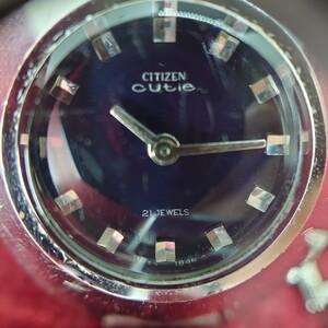 915【動作品】手巻き CITIZEN Cutie RHOQ1602-S WGP 21石 ビンテージ シチズン キューティー レディース腕時計 シルバー×黒文字盤