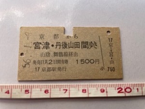 ◎京都駅発行 京都から宮津・丹後山田間ゆき 山陰、舞鶴経由 1500円 硬券乗車券 S.56. 店番-硬券55