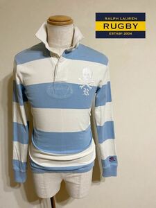 【良品】 RUGBY RALPH LAUREN ラグビー ラルフローレン ボーダー ラガーシャツ トップス サイズS 長袖 白 水色 ヴィンテージスリムフィット