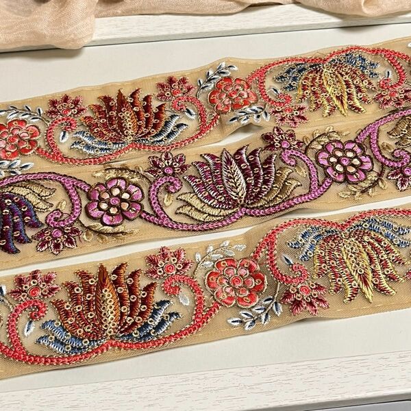 【3本セット】インド刺繍リボン ハンドメイド資材 約50cm 蓮 植物 花