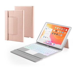 iPad 10.2インチ(第7,8世代)/Pro10.5/Air3対応 7色バックライト タッチパッド付き Bluetooth キーボード ローズゴールド