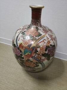 薩摩焼　色絵金彩　花鳥山水図　大花瓶　高37cm 置物 飾壷 細密細工 古美術品