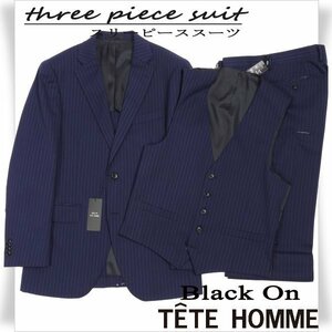 新品1円～★定価6.4万 Black On TETE HOMME テットオム ウール毛 スリーピーススーツ 94A6 ノータック ストライプ 紺 ◆3180◆