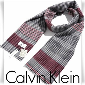 新品1円～★CK CALVIN KLEIN カルバンクライン メンズ 男性用 カシミヤ混 ウールロングマフラー チェック グレー レッド 本物 ◆3339◆