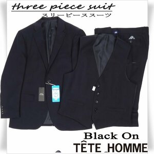 新品1円～★定価5.3万 Black On TETE HOMME テットオム ストレッチ スリーピーススーツ 98AB6 ノータック ストライプ 紺 ◆3700◆