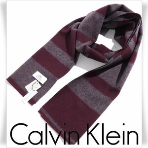 新品1円～★CK CALVIN KLEIN カルバンクライン メンズ 男性用 カシミヤ混 ウールロングマフラー ボーダー　ボルドー 本物 ◆3888◆