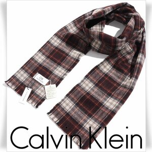 新品1円～★CK CALVIN KLEIN カルバンクライン メンズ 男性用 カシミヤ混 ウールロングマフラー タータンチェック ブラウン 本物 ◆4343◆