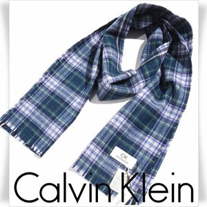 新品1円～★CK CALVIN KLEIN カルバンクライン メンズ 男性用 カシミヤ混 ウールロングマフラー タータンチェック グリーン 本物 ◆4338◆