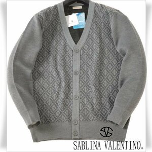 新品1円～★SABLINA VALENTINO サブリナヴァレンティノ メンズ 長袖 Vネックカーディガン M グレー 織柄 イタリアブランド ◆4530◆