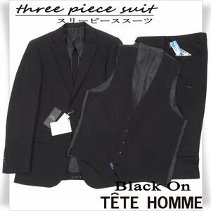 新品1円～★定価5.3万 Black On TETE HOMME テットオム ストレッチ スリーピーススーツ 92Y5 ノータック ウィンドーペン 黒 ◆4942◆