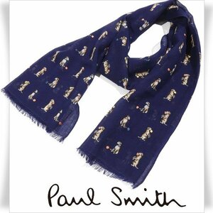 新品1円～★ポールスミス Paul Smith ウール毛100％ 大判 ロングストール ドッグ ネイビー ユニセックス 本物 ◆5280◆