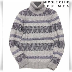 新品1円～★ニコルクラブフォーメン NICOLE CLUB FOR MEN 秋冬 長袖 ウール毛 幾何学柄タ－トルネックニット 48 L グレー ◆5684◆