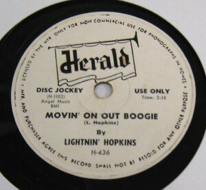 ** BLUES PROMO 78rpm ** Lightnin' Hopkins Movin' On Out Boogie / Sick Feelin' Blues [ US '54 Herald H-436] SP record 