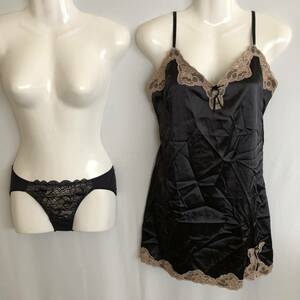 FFa-302　☆♪The Nissen & 白鳩　EXCEL Ladys Black Lingerie ♪☆ エレガンススリップ＆ショーツ 　2点　MLサイズ