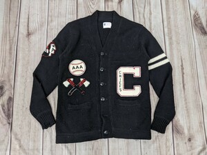 6．ヴィンテージ復刻 CHAMPION ランタグ Knitwear アップリケデザイン レタードニットカーディガン サイズ42　黒 x411