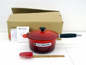 未使用 LE CREUSET/ルクルーゼ ソースパン チェリーレッド 片手鍋 20cm 2.5L ホーロー 鋳物 調理器具 グルメスパチュラ付