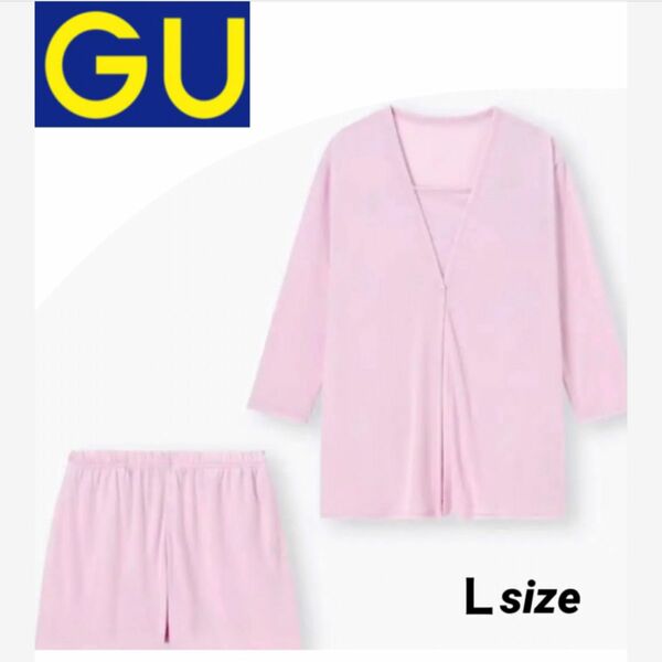 【GU】3ピースラウンジセット/パジャマ/部屋着(7分袖&ショートパンツ)桃・Ｌ