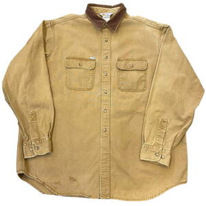 90s USA製 Carhartt ダック シャツ ジャケット 2XL キャメル ブラウン 襟コーデュロイ 長袖 ワーク カーハート 80s ヴィンテージ 