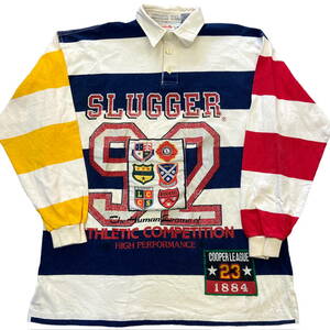 90s RUGGED WEAR ラガーシャツ M ボーダー柄 マルチカラー Louisville Slugger 長袖 ポロシャツ ナンバリング ベースボール 
