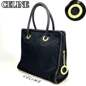 【美品】CELINE セリーヌ ハンドバッグ トートバッグ サークルロゴ リング チャーム ゴールド金具 ロゴ型押し 男女兼用 ナイロン レザー 黒