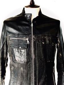 正規品 ヴィンテージ加工 bexist leathers （羊革）シープスキンラムレザー ×ヘンプ（麻）シングルライダース ジャケット 黒 2M
