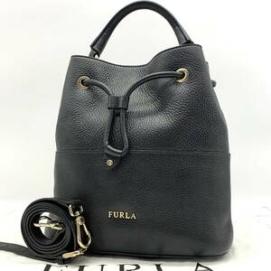 1円●美品/保存袋付属●FURLA フルラ 巾着型 バケットバッグ 2way ショルダーバッグ ハンドバッグ シボ革 シュリンクレザー 黒 レディース