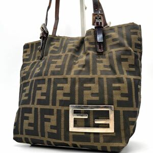 1円●美品●FENDI フェンディ ズッカ柄 FF金具 ミニトートバッグ ハンドバッグ キャンバス レザー ブラウン系 シルバー金具 レディース