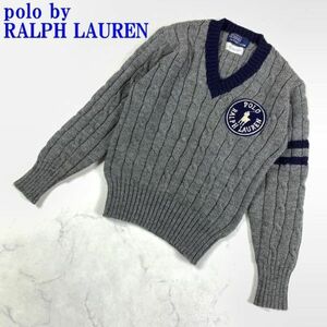 ポロバイラルフローレン チルデンニット ウール グレー polo by RALPH LAUREN 紺 ネイビー ワッペン ケーブル Virgin Wool M相当 C7662