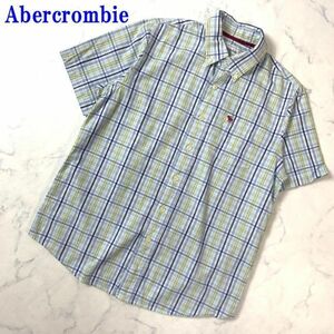 アバクロンビー チェック カジュアル半袖ボタンシャツ ブルー系Abercrombie コットン100％ ブランドロゴ刺繍有 ボタンダウンシャツXL C7852