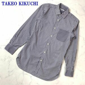 タケオキクチ ストライプブロックチェック長袖ボタンシャツネイビー系 TAKEO KIKUCHI カジュアル ビジネス オフィス 胸ポケット有C7853