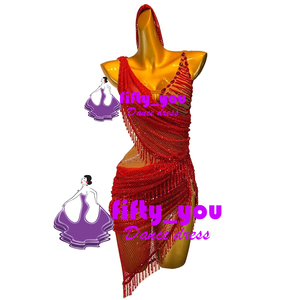 新品fifty_you　セミオーダードレス 社交ダンス衣装 　高級品 　お洒落ラテン競技発表用ダンスドレス 　ビーズ飾り ネット　赤色