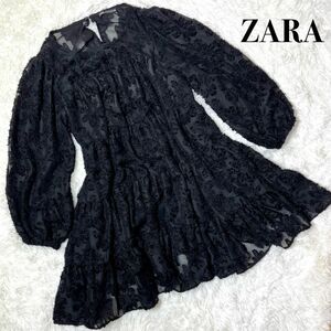 未使用☆ ZARA ザラ　ミニワンピース　長袖　刺繍　Aライン　ブラック　XSサイズ