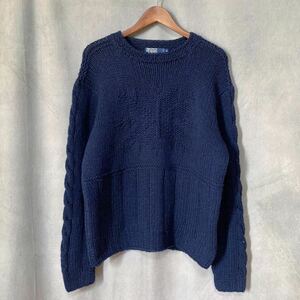 90's Polo Ralph Lauren ポロラルフローレン HAND KNIT ウール ローゲージ 雪柄 ジャガード ニット セーター size.M ネイビー old vintage