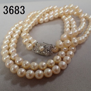 AC-3683 本真珠　アコヤ真珠　2連ネックレス　イエローゴールド系/約46g　6㎜から6.5㎜玉　長さ42㎝　耀き良好