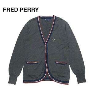 ☆良品 フレッドペリー FRED PERRY 3つボタン ライン コットン ニット カーディガン グレー size S セーター ブリティッシュ トラッド
