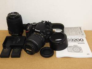 【17596】Nikon ニコン D3200 デジタル一眼レフカメラ レンズ2本 NIKKOR 18-55mm 55-200mm バッテリ2個 充電器