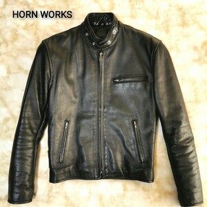 HORN WORKS(ホーンワークス) 牛革 本革 レザー キルティング生地 中綿 シングル ライダース ジャケット サイズXS 実寸S ブラック