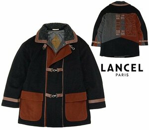 美品 フランス老舗 LANCEL ランセル 豪華刺繍 中綿入り ファイヤーマンバックル メルトンウール 襟ボア デザインコート 黒 ブラック M