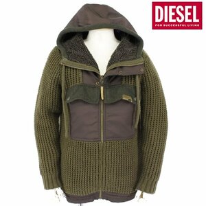 参考定価￥49,500- 極美品 DIESEL tricot ディーゼル ナイロン切替 肉厚 ワッフルニット フードボア ミリタリーパーカ 黒 M(JP:L) TALON