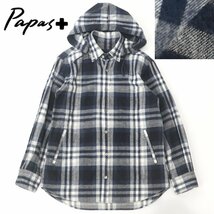 参考価格￥37,400- 美品 日本製 Papas+ パパスプラス 刻印シェルボタン コットンネル フーディー シャツパーカ チェック 紺 白 S_画像1