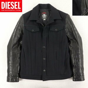 美品 DIESEL ディーゼル 牛革 レザー袖切替 メルトンウール トラッカージャケット 濃紺ｘ黒 S スタジャン 中綿入り【参考価格￥68,000-】