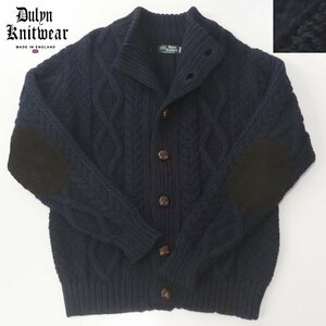 定価￥25,300- 極美品 英国製 Dulyn Knitwear デュリン・ニットウェア 牛革 スウェードレザー エルボーパッチ アランニットセーター 紺 M