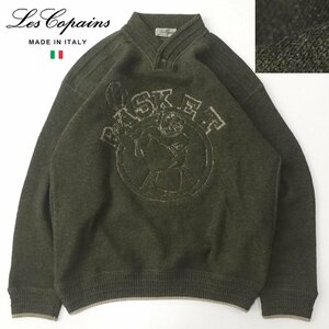 相場価格8万円 美品 イタリア製 LES COPAINS レ・コパン バスケット柄 ニットセーター カーキ 44 JP:S トップス 長袖 プルオーバー-