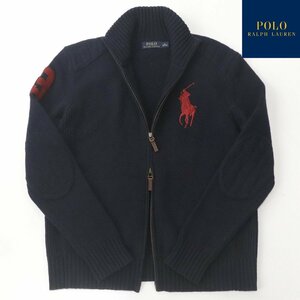 相場価格￥40,700- 美品 POLO RALPH LAUREN ポロ・ラルフローレン ビッグポニー ラムウール ジップアップ ニットブルゾン ネイビー M