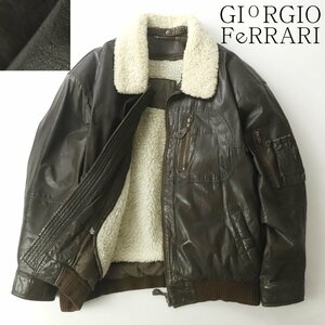 美品 GIORGIO FERRARI ジョルジオ フェラーリ 本革 ヴィンテージレザー フライトジャケット JP:2XL ボアライナー付 ミリタリー-