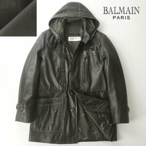 相場価格￥200,000- 美品 BALMAIN PARIS バルマン 羊革 ラムレザー フーデッドコート ブラウン 茶 L 中綿入り フィールド メンズ