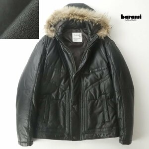 相場価格10万円 美品 barassi MILANO バラシ・ミラノ ラクーンファー付 羊革 ラムレザー ダウンジャケット 黒 ブラック 46 JP:M パーカ