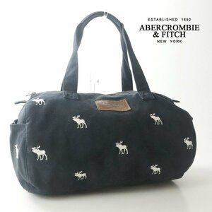 美品 Abercrombie & Fitch アバクロ ムース柄 キャンバス ボストンバッグ 紺 ネイビー ダッフル ドラム ユニセックス トラベル